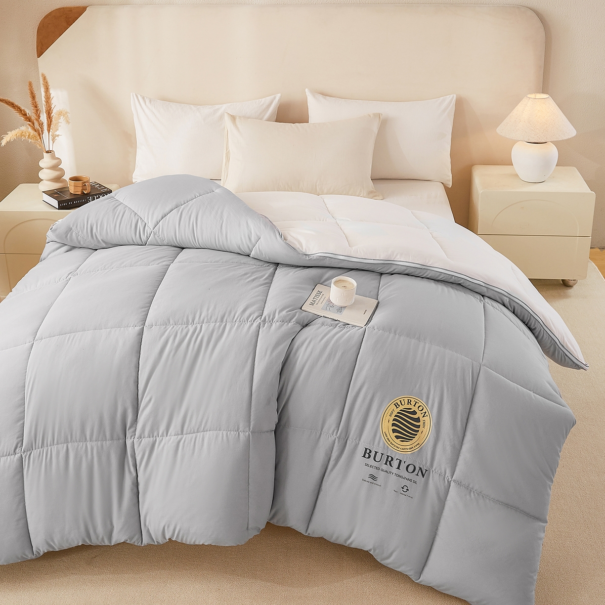 91家纺网 家纺一手货源 找家纺 品乐家纺 2025新款亲肤速暖大豆子母被被子被芯冬被 影雾灰