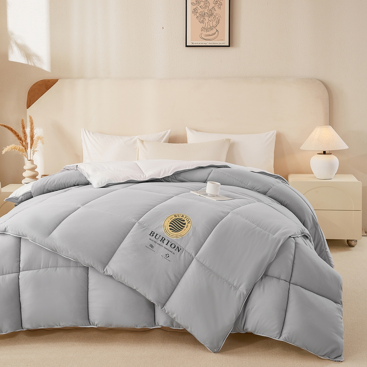 91家纺网 家纺一手货源 找家纺 品乐家纺 2025新款亲肤速暖大豆子母被被子被芯冬被 影雾灰