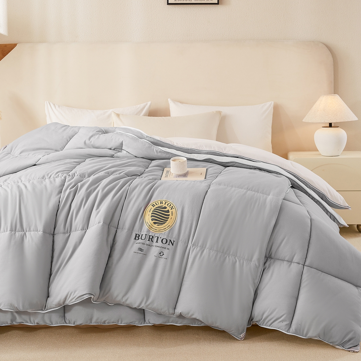 91家纺网 家纺一手货源 找家纺 品乐家纺 2025新款亲肤速暖大豆子母被被子被芯冬被 影雾灰