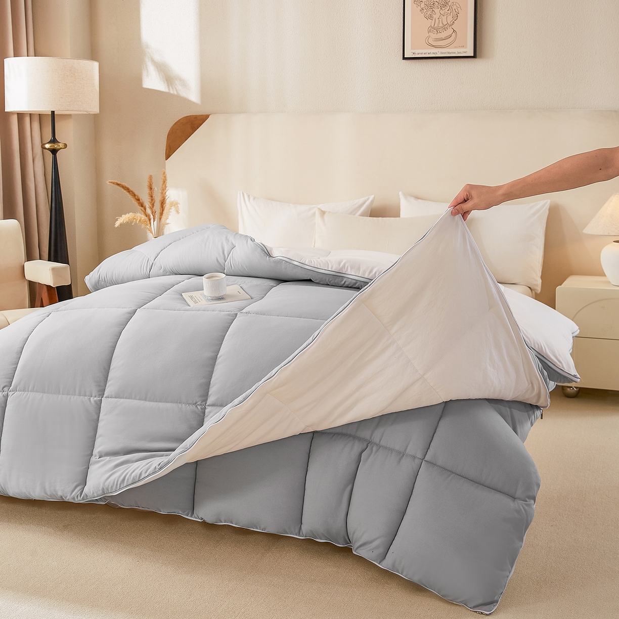 91家纺网 家纺一手货源 找家纺 品乐家纺 2025新款亲肤速暖大豆子母被被子被芯冬被 影雾灰