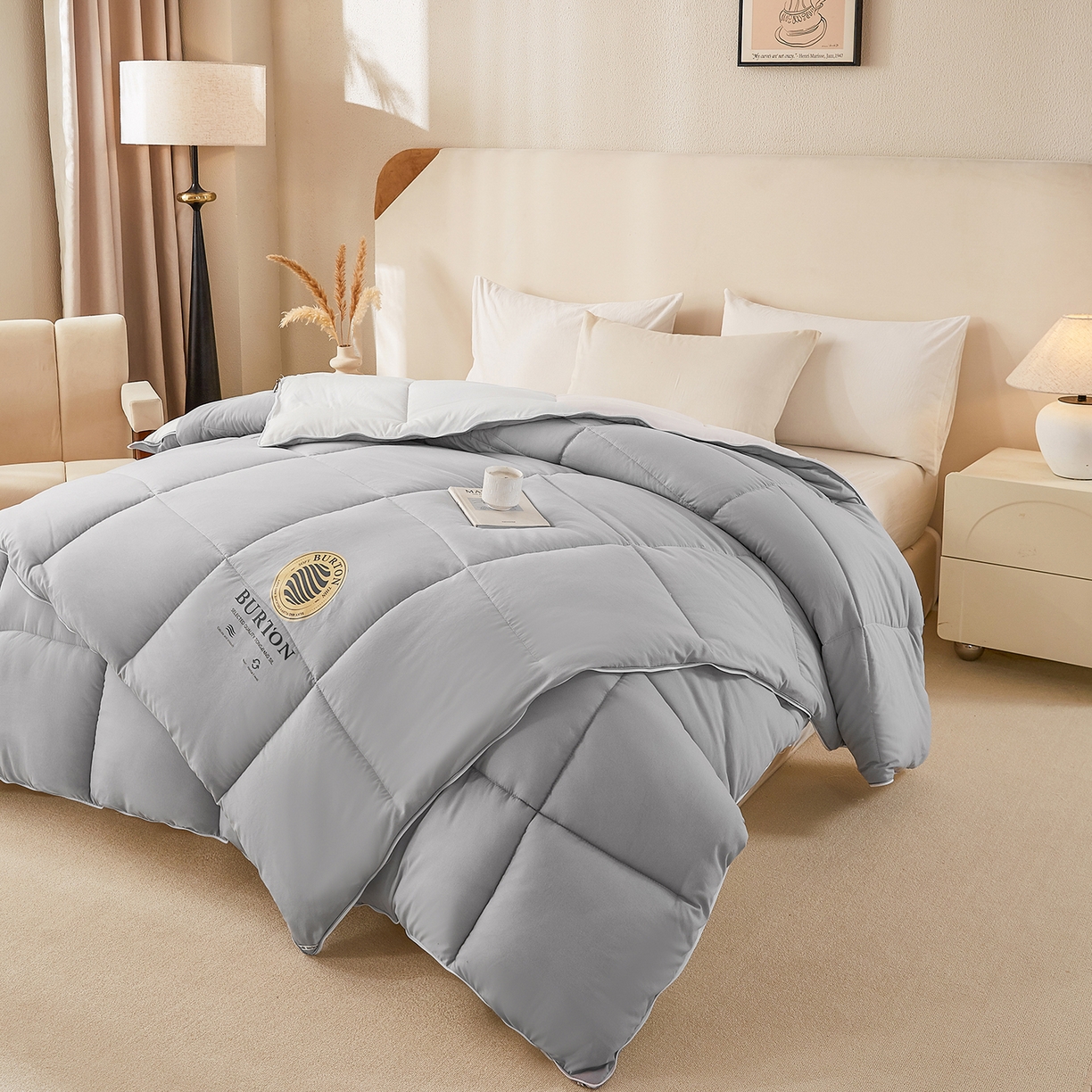 91家纺网 家纺一手货源 找家纺 品乐家纺 2025新款亲肤速暖大豆子母被被子被芯冬被 影雾灰