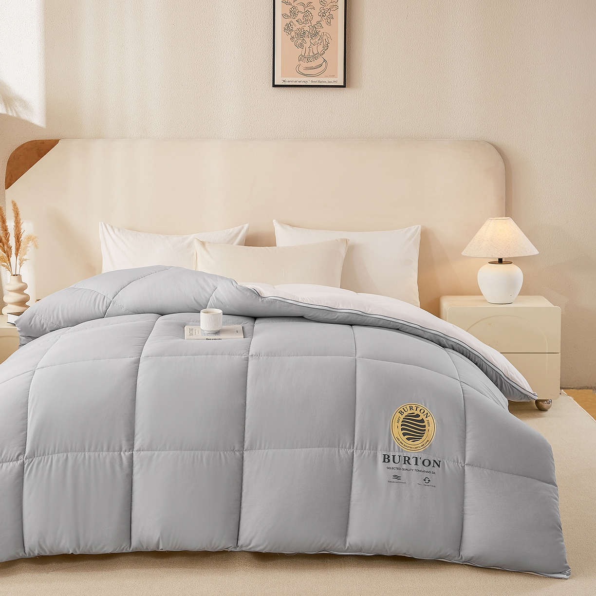 91家纺网 家纺一手货源 找家纺 品乐家纺 2025新款亲肤速暖大豆子母被被子被芯冬被 影雾灰