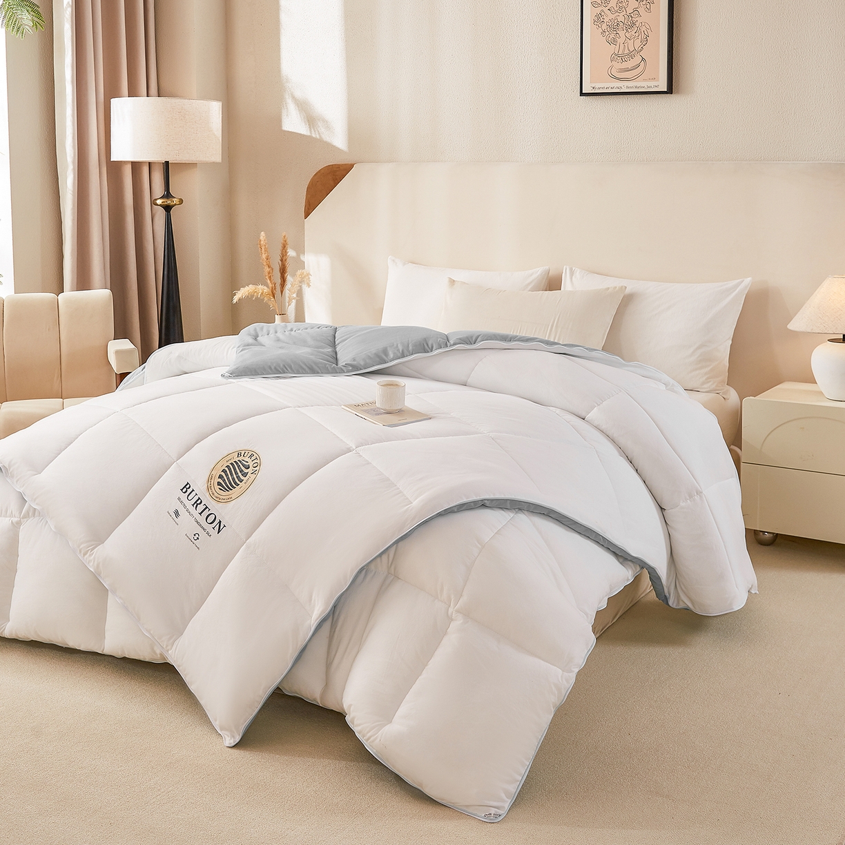 91家纺网 家纺一手货源 找家纺 品乐家纺 2025新款亲肤速暖大豆子母被被子被芯冬被 月影白