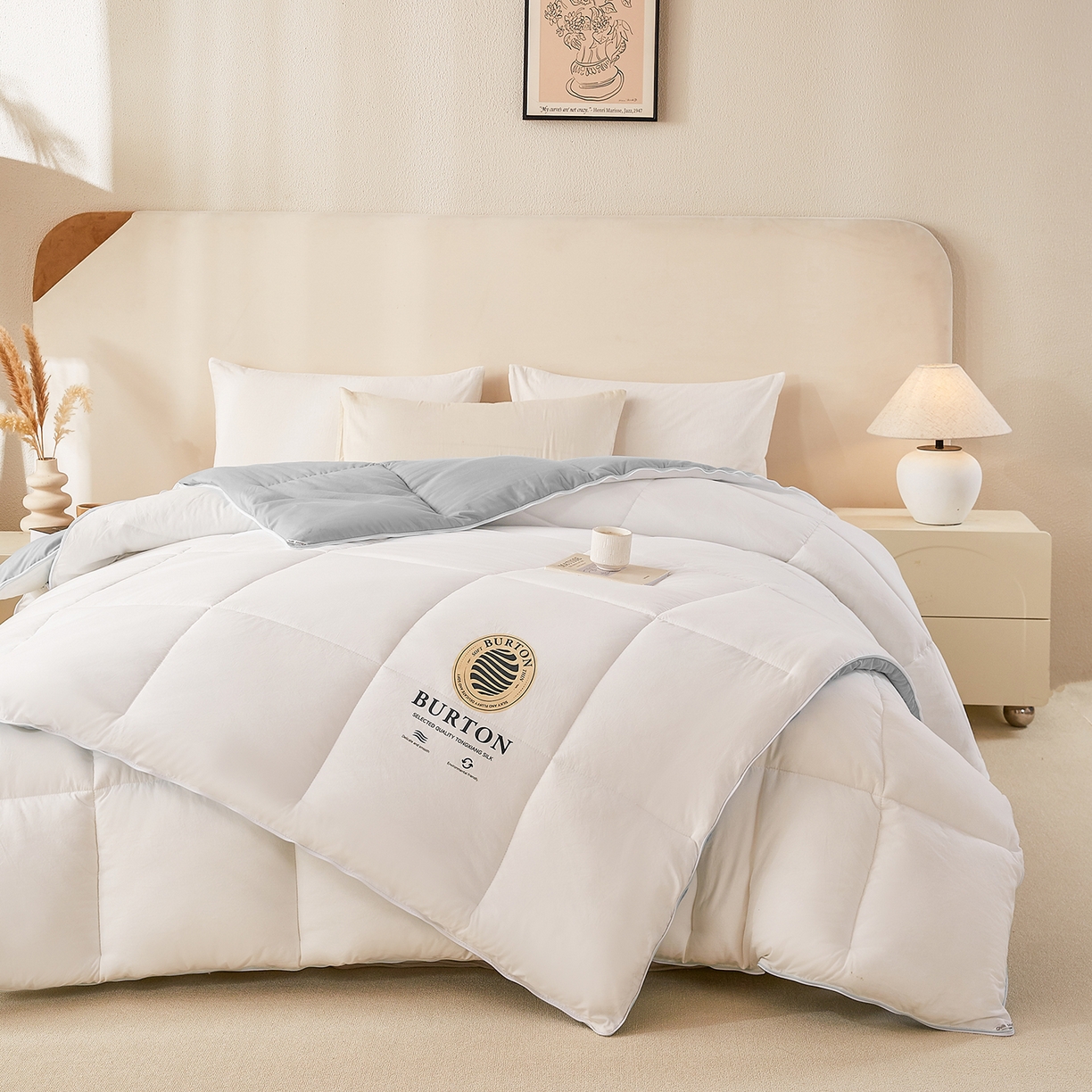 91家纺网 家纺一手货源 找家纺 品乐家纺 2025新款亲肤速暖大豆子母被被子被芯冬被 月影白