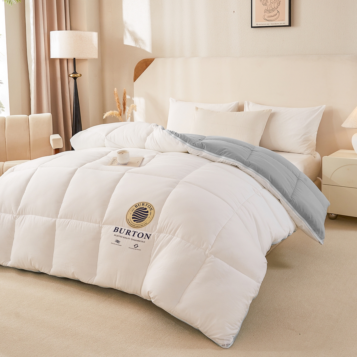 91家纺网 家纺一手货源 找家纺 品乐家纺 2025新款亲肤速暖大豆子母被被子被芯冬被 月影白