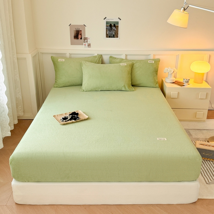 91家纺网 家纺一手货源 找家纺 眠博士 2025新款A类华夫格剪花牛奶绒床笠 剪花床笠-苹果绿