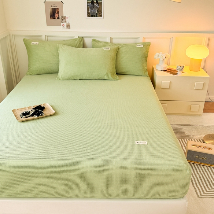 91家纺网 家纺一手货源 找家纺 眠博士 2025新款A类华夫格剪花牛奶绒床笠 剪花床笠-苹果绿