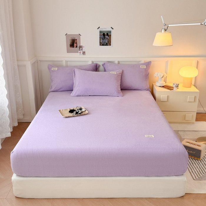 91家纺网 家纺一手货源 找家纺 眠博士 2025新款A类华夫格剪花牛奶绒床笠 剪花床笠-紫色