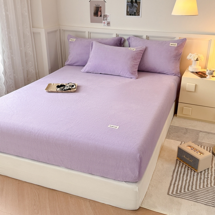 91家纺网 家纺一手货源 找家纺 眠博士 2025新款A类华夫格剪花牛奶绒床笠 剪花床笠-紫色