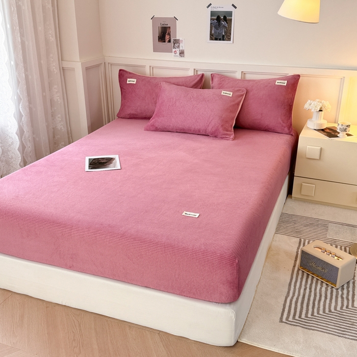 91家纺网 家纺一手货源 找家纺 眠博士 2025新款A类华夫格剪花牛奶绒床笠 剪花床笠-豆沙