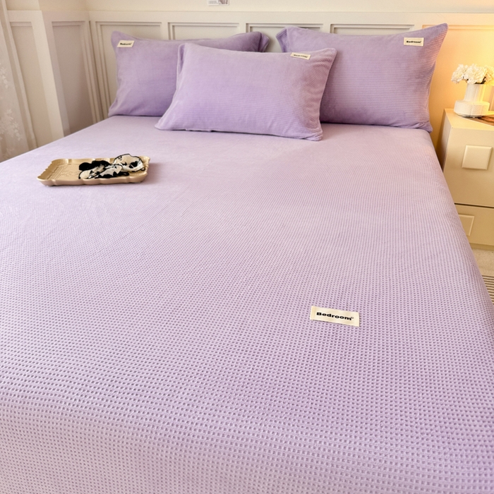 91家纺网 家纺一手货源 找家纺 眠博士 2025新款A类华夫格剪花牛奶绒床笠 剪花床笠-紫色