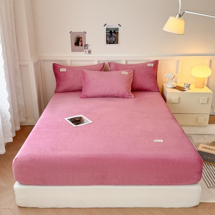 91家纺网 家纺一手货源 找家纺 眠博士 2025新款A类华夫格剪花牛奶绒床笠 剪花床笠-豆沙