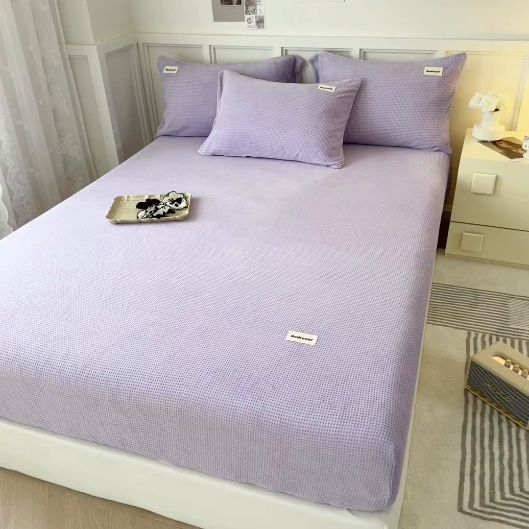 91家纺网 家纺一手货源 找家纺 眠博士 2025新款A类华夫格剪花牛奶绒床笠 剪花床笠-紫色