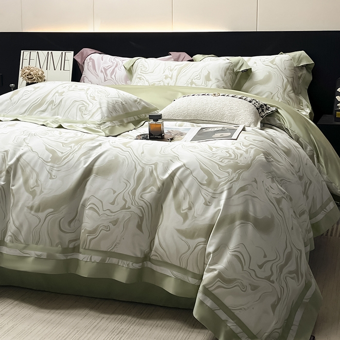 91家纺网 家纺一手货源 找家纺 2025新款直播爆款A类100支长绒棉夹棉床盖床笠四件套全棉纯棉床单加厚高端重工刺绣四季款床上用品 时漫-叶繁绿