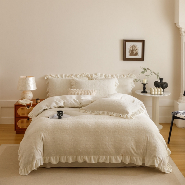 91家纺网 家纺一手货源 找家纺 （总）忆生活家纺 2025秋冬韩版公主风雕花牛奶绒四件套-小香茶花系列