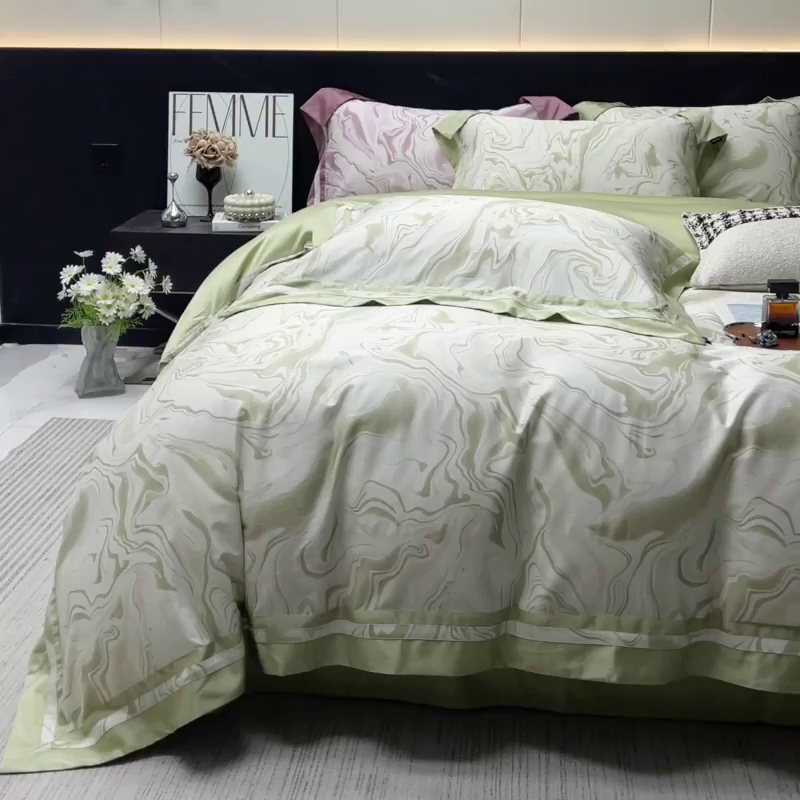 91家纺网 家纺一手货源 找家纺 2025新款高端轻奢A类母婴级长绒棉全工艺刺绣四件套纯棉全棉高端秋冬爆款床上用品 时漫-叶繁绿