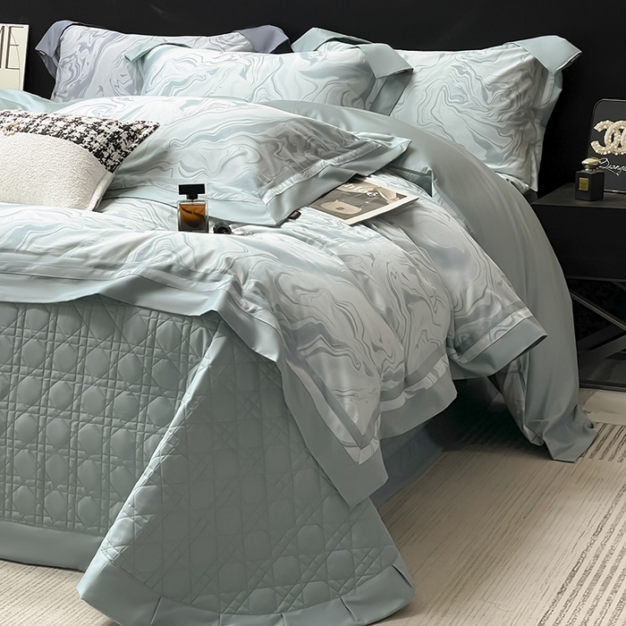 91家纺网 家纺一手货源 找家纺 2025新款高端A类长绒棉夹棉床盖床笠四件套全棉纯棉纯色绗绣四季款保护罩高级感床上用品 时漫-月石绿