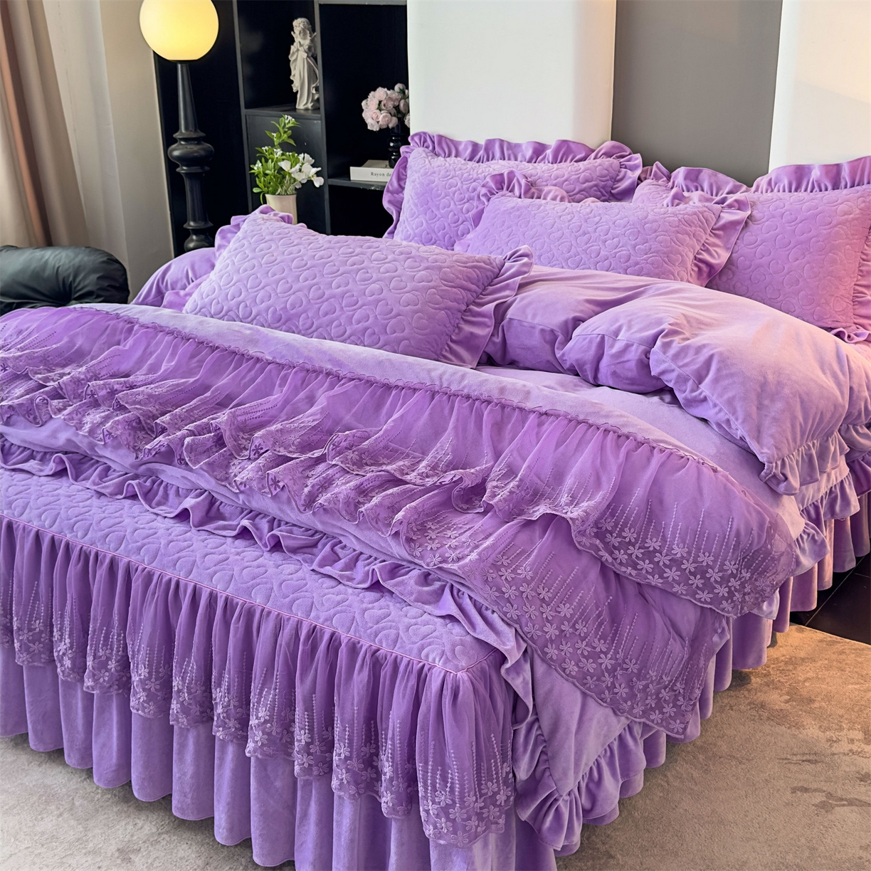 恒爱家纺 2025新款宝宝绒紫陌听雪床裙款四件套终版 魅惑紫