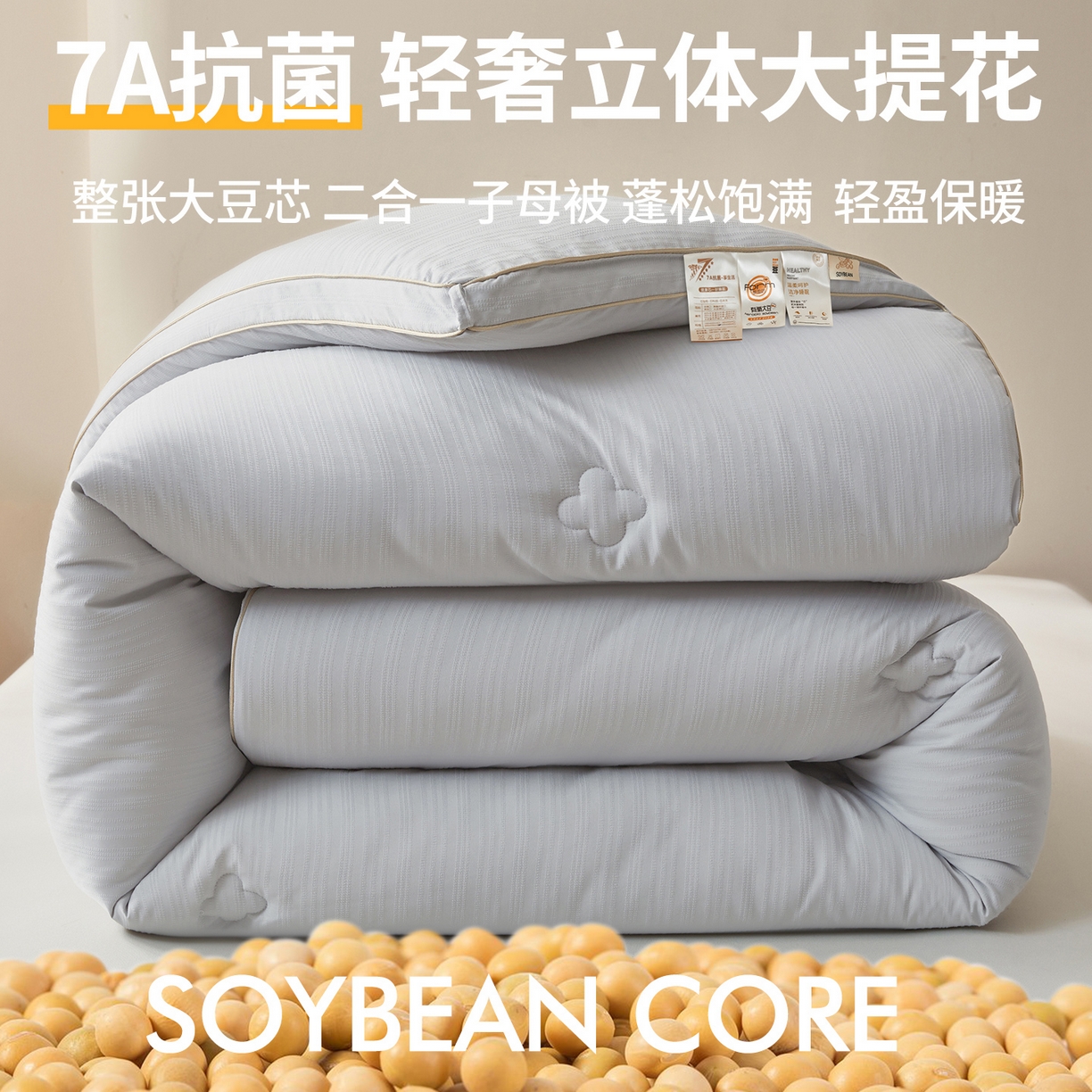 91家纺网 家纺一手货源 找家纺 罗布斯 2025新款A类立体提花大豆被被子被芯二合一子母被学生宿舍夏被空调被夏凉被春秋被直播冬被【含买家秀】 星辰灰