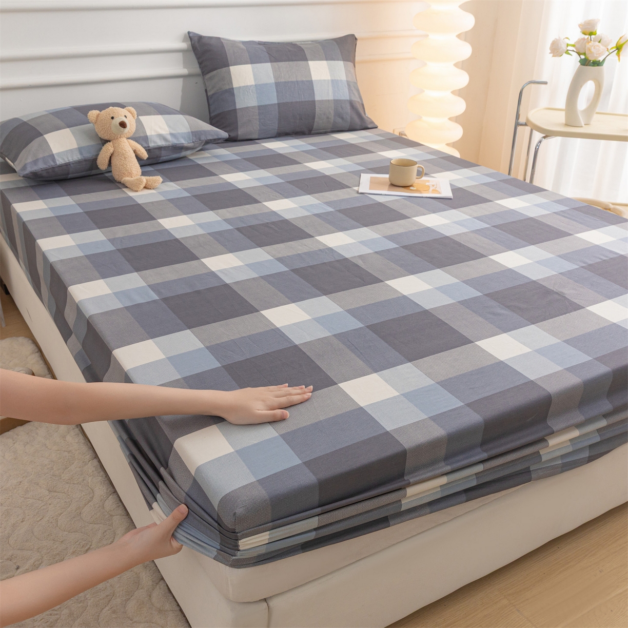 恒爱家纺 2025新款亲肤舒适全棉纯棉A类单床笠单品床笠单件床笠 灰蓝大格