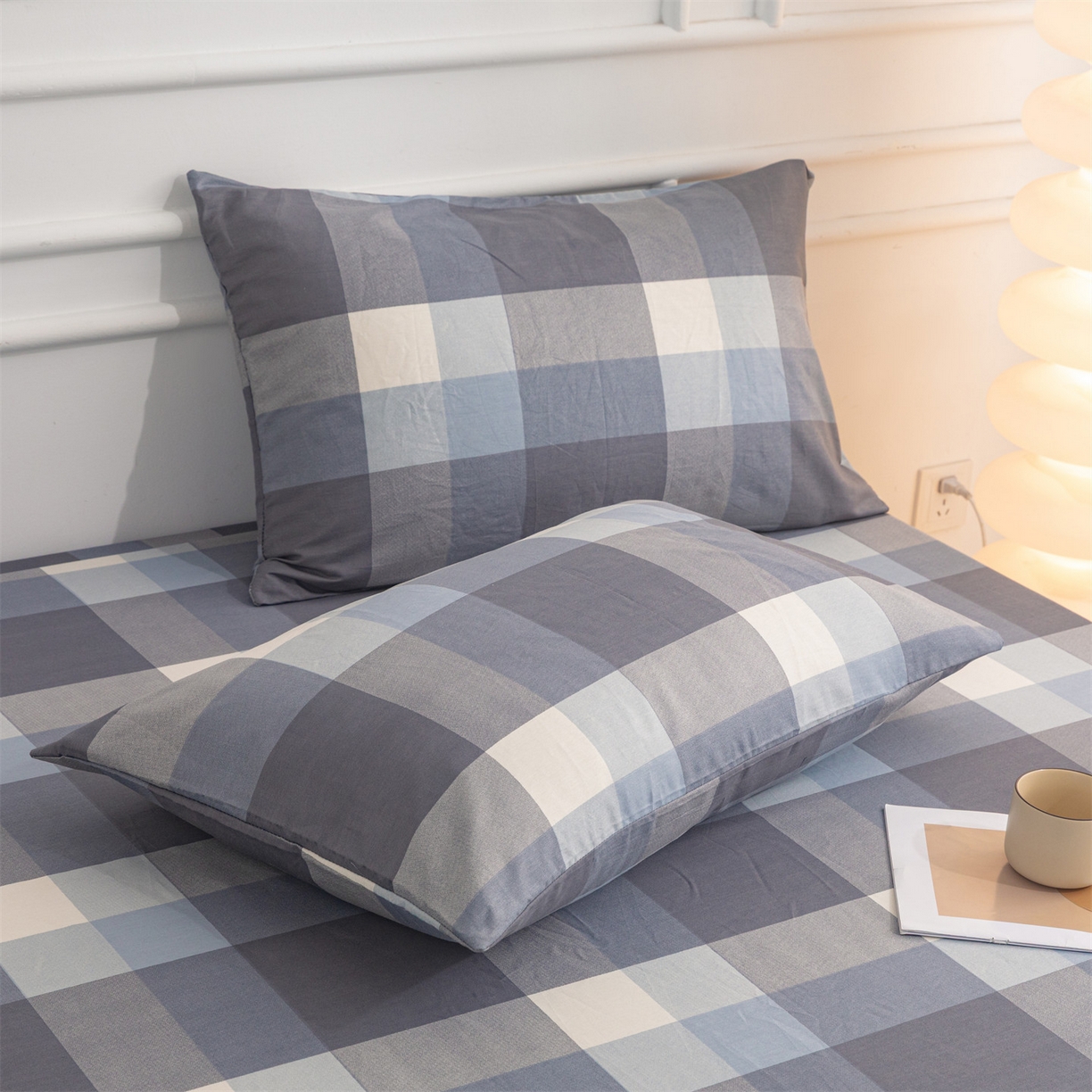 91家纺网 家纺一手货源 找家纺 恒爱家纺 2025新款亲肤舒适全棉纯棉A类单床笠单品床笠单件床笠 灰蓝大格