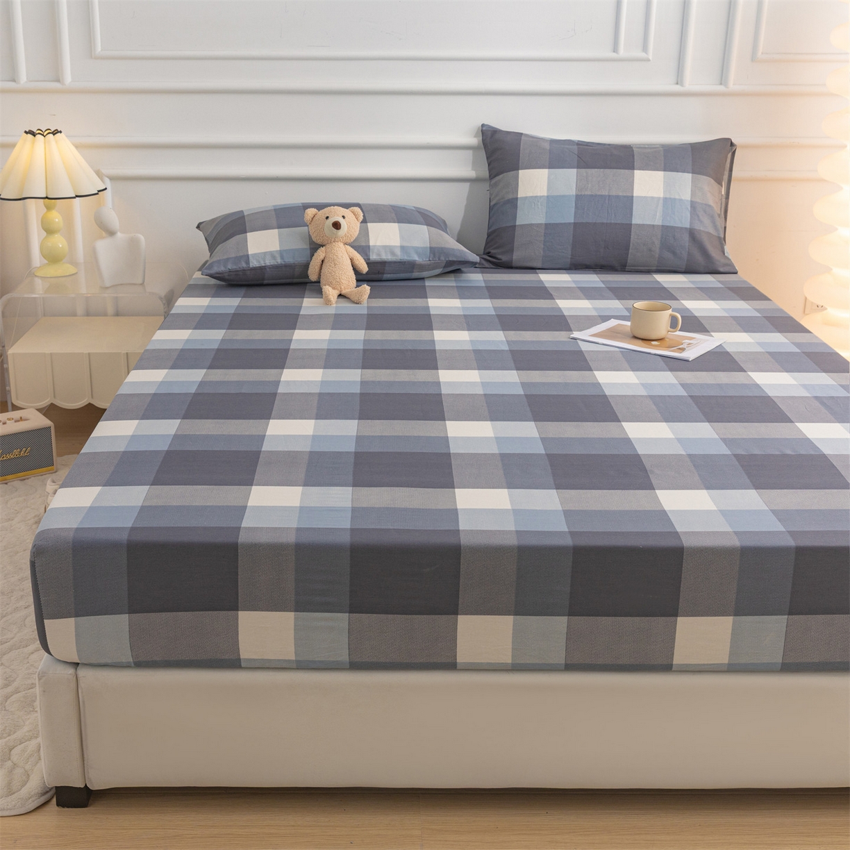 91家纺网 家纺一手货源 找家纺 恒爱家纺 2025新款亲肤舒适全棉纯棉A类单床笠单品床笠单件床笠 灰蓝大格