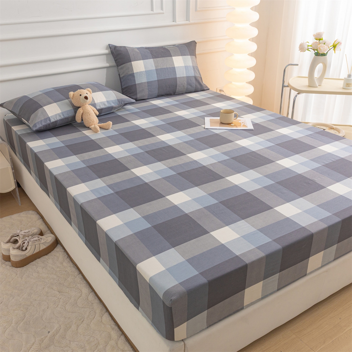 91家纺网 家纺一手货源 找家纺 恒爱家纺 2025新款亲肤舒适全棉纯棉A类单床笠单品床笠单件床笠 灰蓝大格