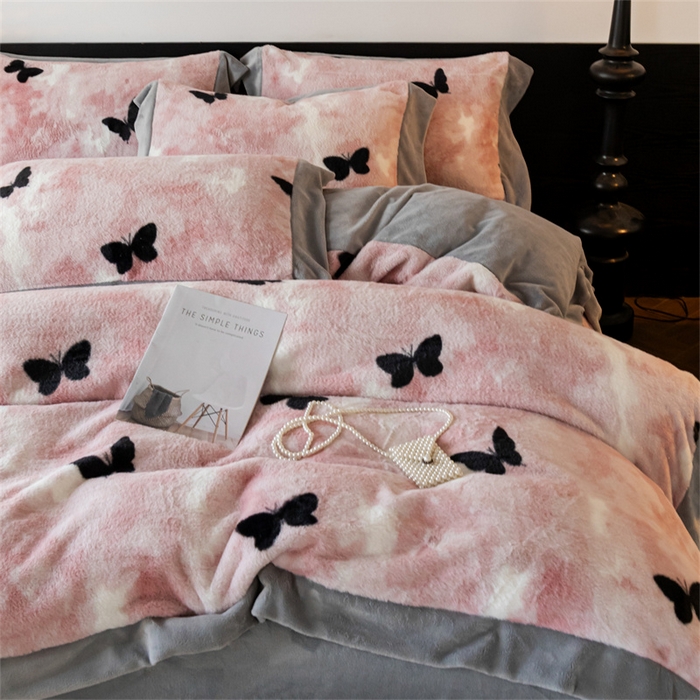 启程家纺 2025新款A类加厚兔毛220克牛奶绒拼角四件套 玉蝴蝶