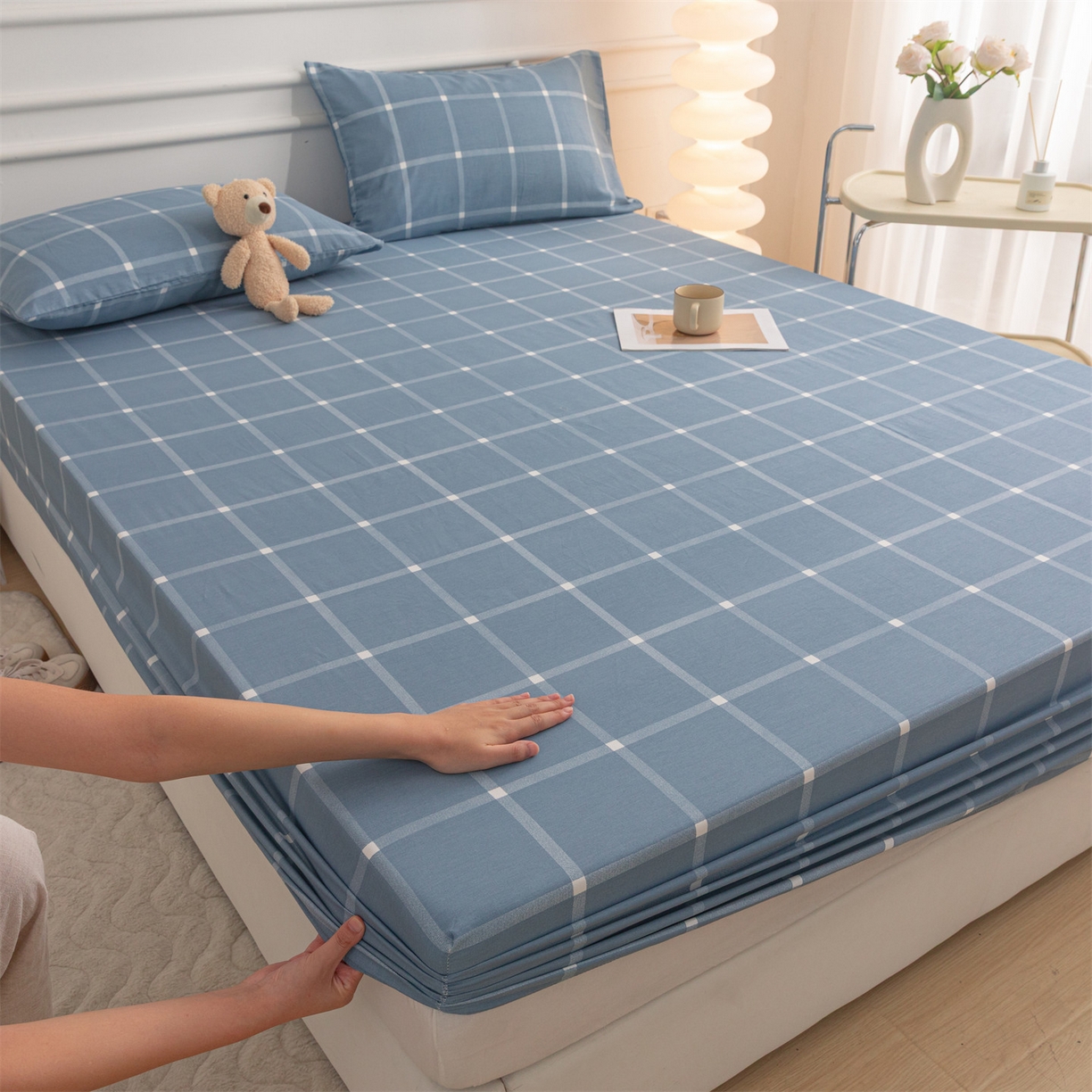 恒爱家纺 2025新款亲肤舒适全棉纯棉A类单床笠单品床笠单件床笠 蓝灰中格