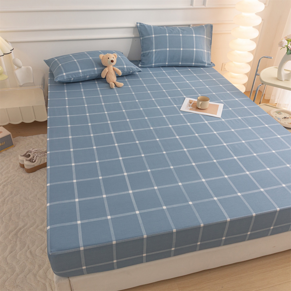 91家纺网 家纺一手货源 找家纺 恒爱家纺 2025新款亲肤舒适全棉纯棉A类单床笠单品床笠单件床笠 蓝灰中格