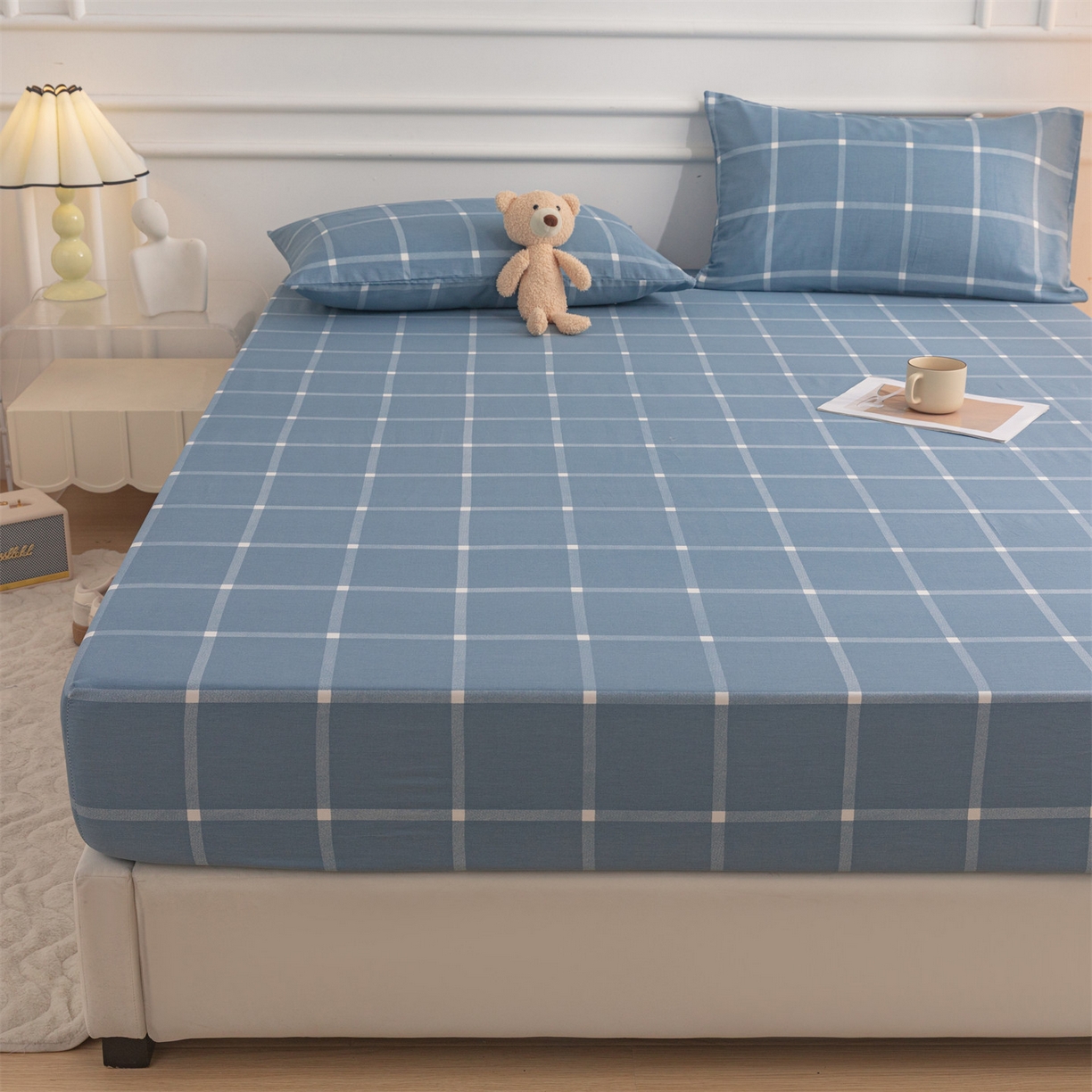 91家纺网 家纺一手货源 找家纺 恒爱家纺 2025新款亲肤舒适全棉纯棉A类单床笠单品床笠单件床笠 蓝灰中格