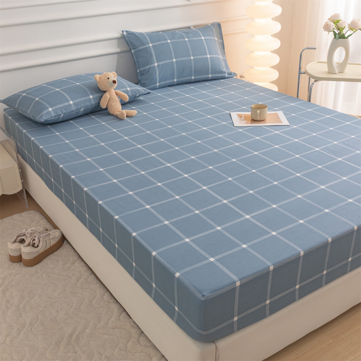 91家纺网 家纺一手货源 找家纺 恒爱家纺 2025新款亲肤舒适全棉纯棉A类单床笠单品床笠单件床笠 蓝灰中格