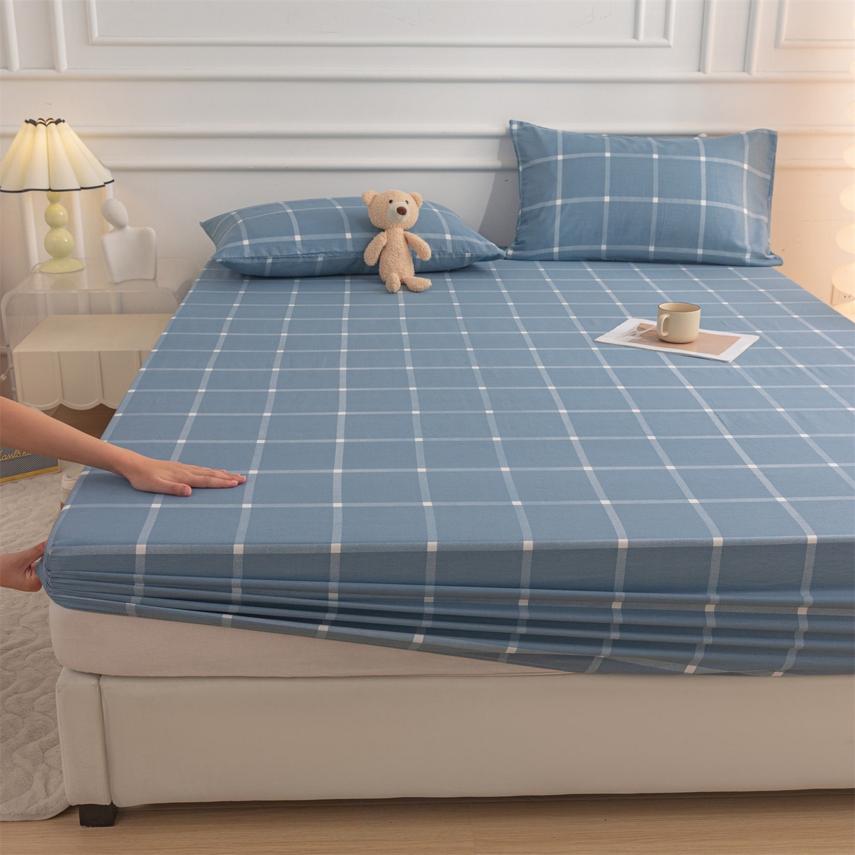 91家纺网 家纺一手货源 找家纺 恒爱家纺 2025新款亲肤舒适全棉纯棉A类单床笠单品床笠单件床笠 蓝灰中格