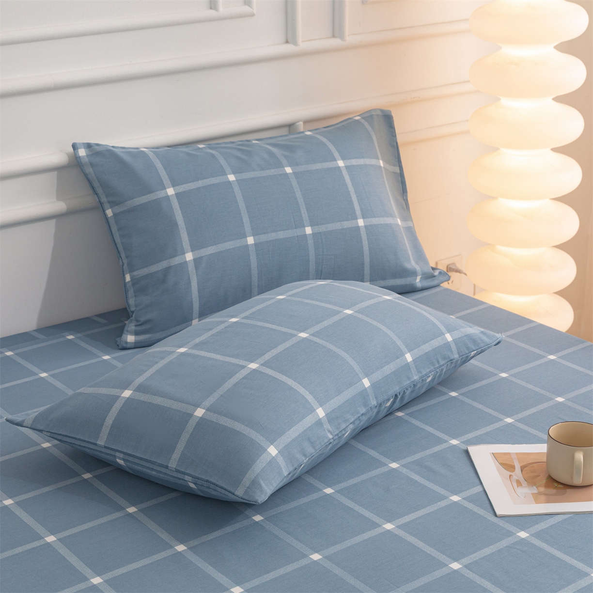 91家纺网 家纺一手货源 找家纺 恒爱家纺 2025新款亲肤舒适全棉纯棉A类单床笠单品床笠单件床笠 蓝灰中格