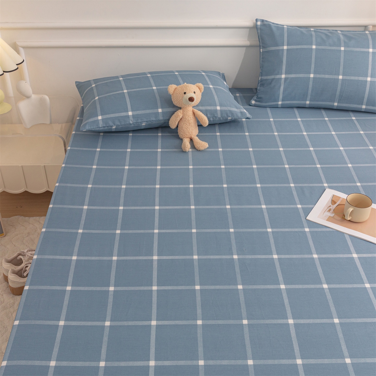 91家纺网 家纺一手货源 找家纺 恒爱家纺 2025新款亲肤舒适全棉纯棉A类单床笠单品床笠单件床笠 蓝灰中格