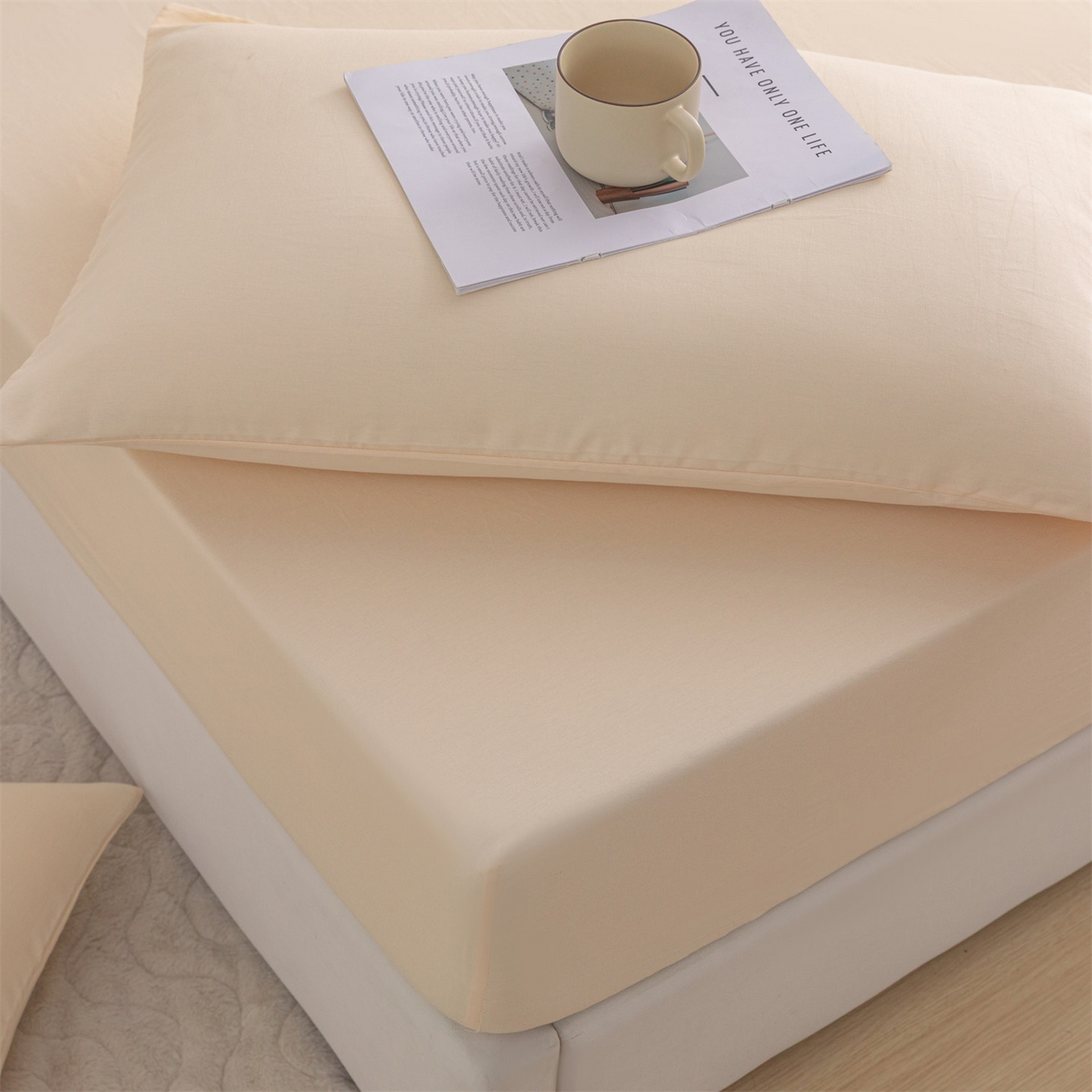 91家纺网 家纺一手货源 找家纺 恒爱家纺 2025新款亲肤舒适全棉纯棉A类单床笠单品床笠单件床笠 米杏