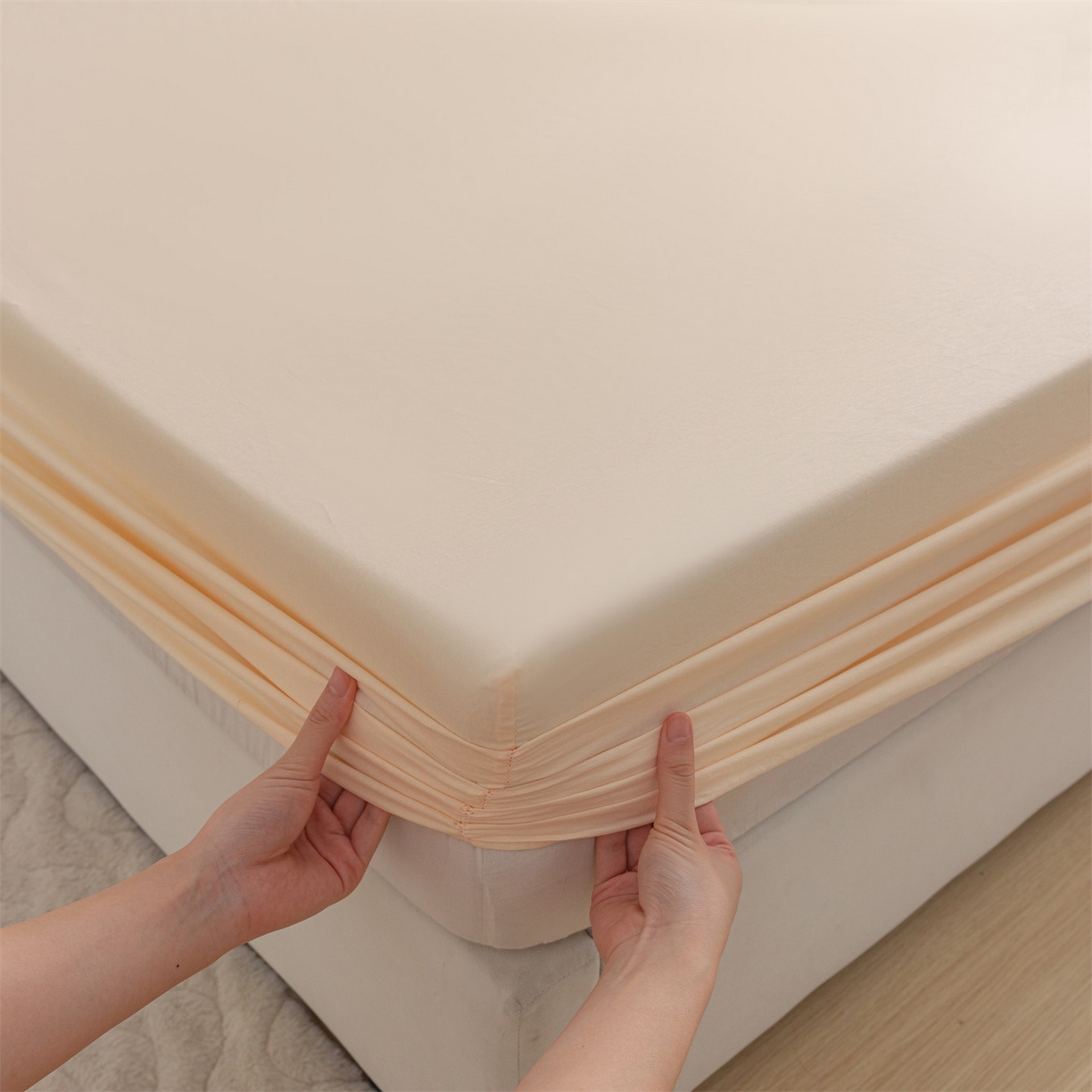 91家纺网 家纺一手货源 找家纺 恒爱家纺 2025新款亲肤舒适全棉纯棉A类单床笠单品床笠单件床笠 米杏