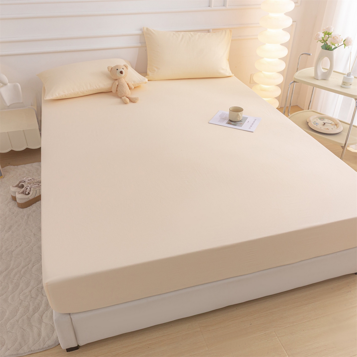 91家纺网 家纺一手货源 找家纺 恒爱家纺 2025新款亲肤舒适全棉纯棉A类单床笠单品床笠单件床笠 米杏