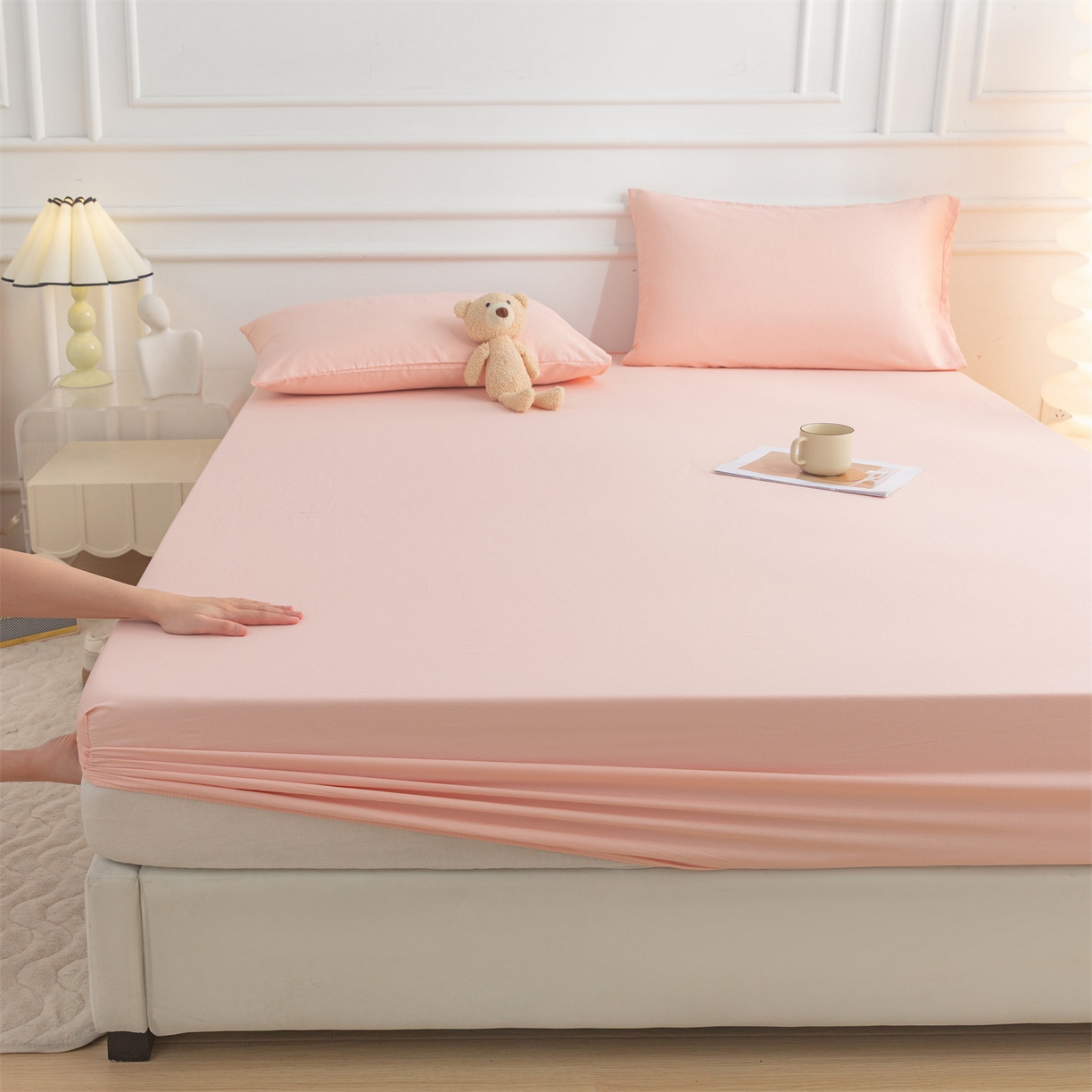 91家纺网 家纺一手货源 找家纺 恒爱家纺 2025新款亲肤舒适全棉纯棉A类单床笠单品床笠单件床笠 奶油粉