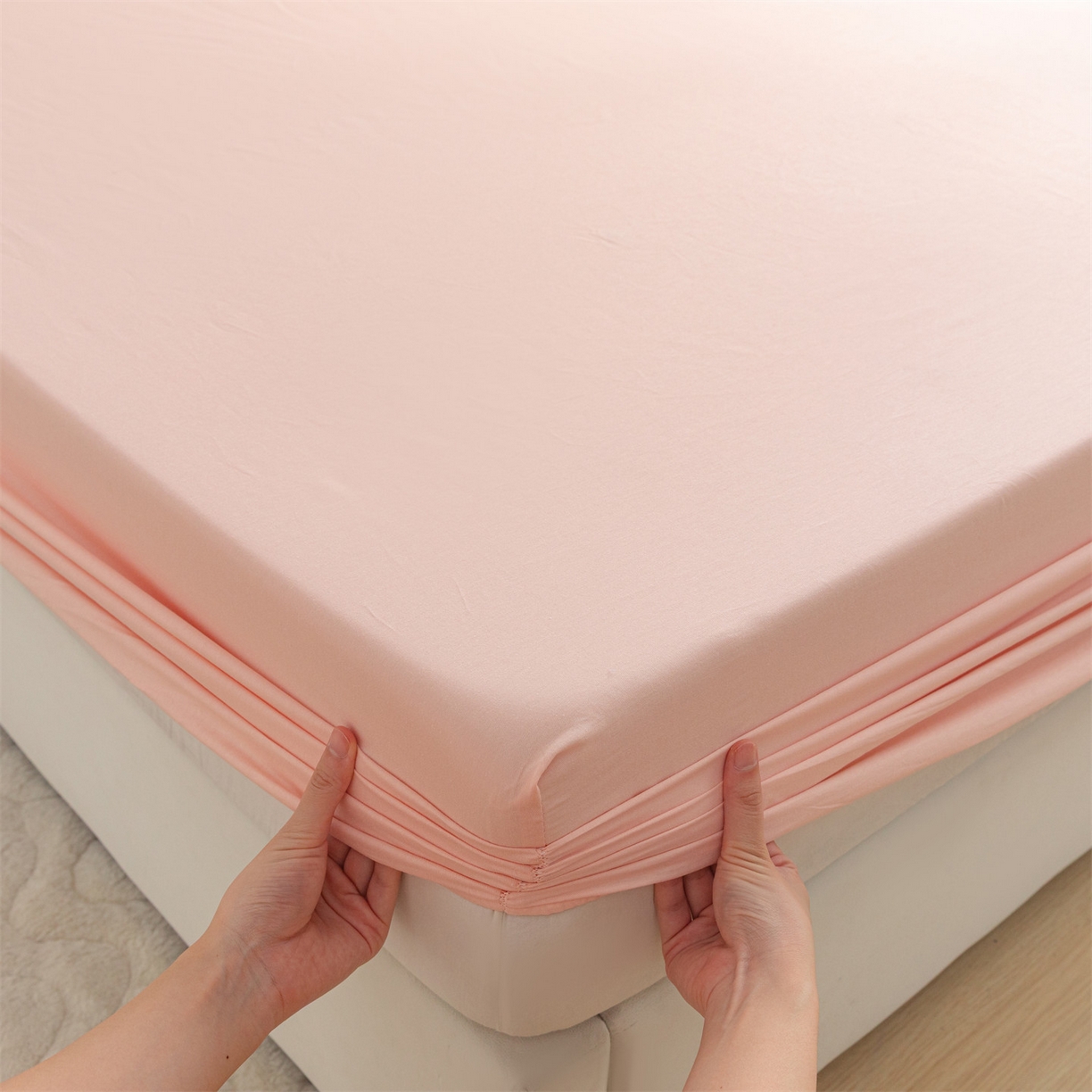 91家纺网 家纺一手货源 找家纺 恒爱家纺 2025新款亲肤舒适全棉纯棉A类单床笠单品床笠单件床笠 奶油粉