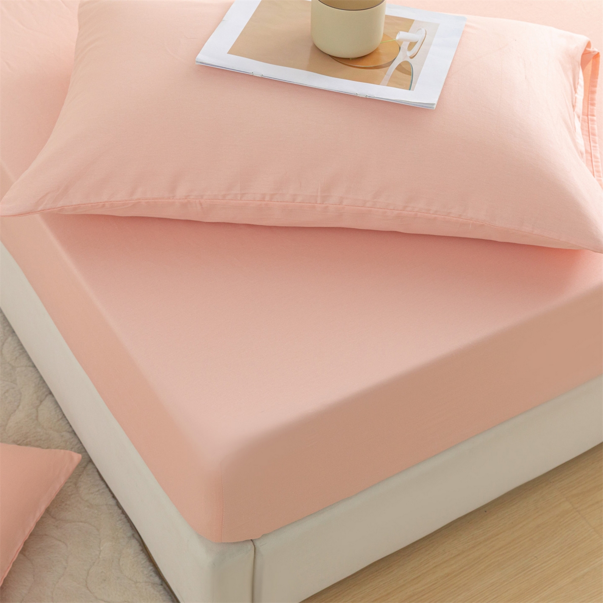 91家纺网 家纺一手货源 找家纺 恒爱家纺 2025新款亲肤舒适全棉纯棉A类单床笠单品床笠单件床笠 奶油粉