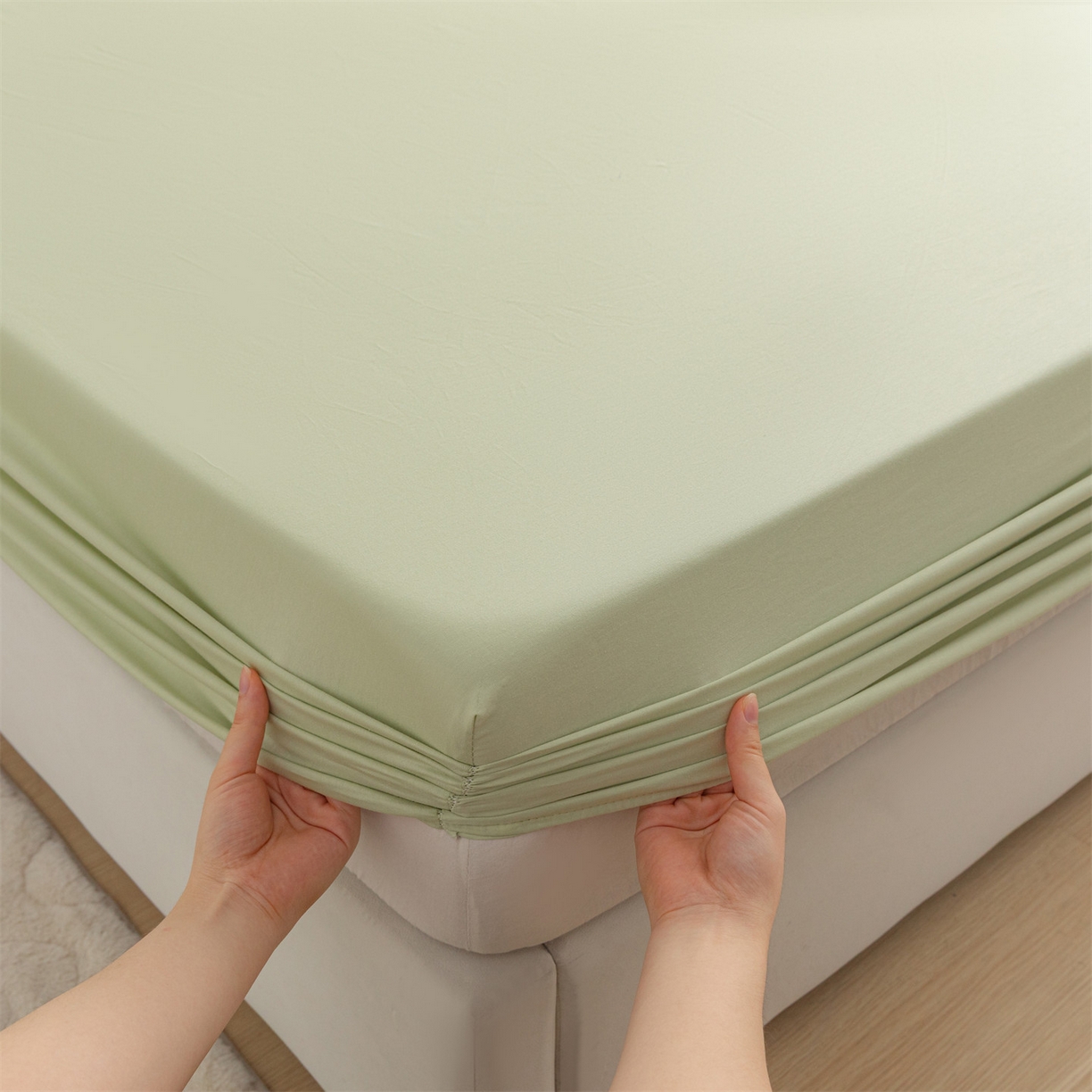 91家纺网 家纺一手货源 找家纺 恒爱家纺 2025新款亲肤舒适全棉纯棉A类单床笠单品床笠单件床笠 嫩绿