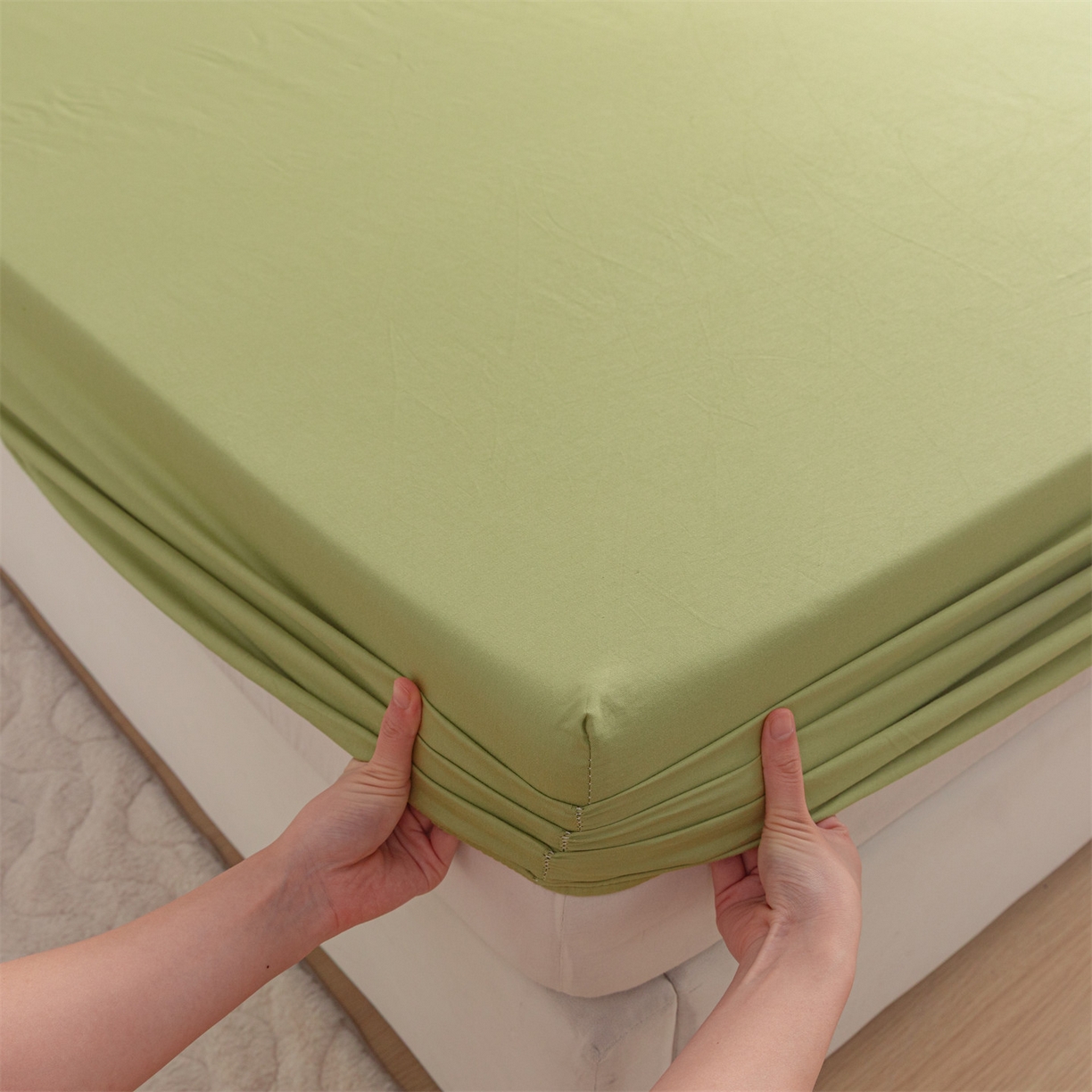 91家纺网 家纺一手货源 找家纺 恒爱家纺 2025新款亲肤舒适全棉纯棉A类单床笠单品床笠单件床笠 牛油果绿