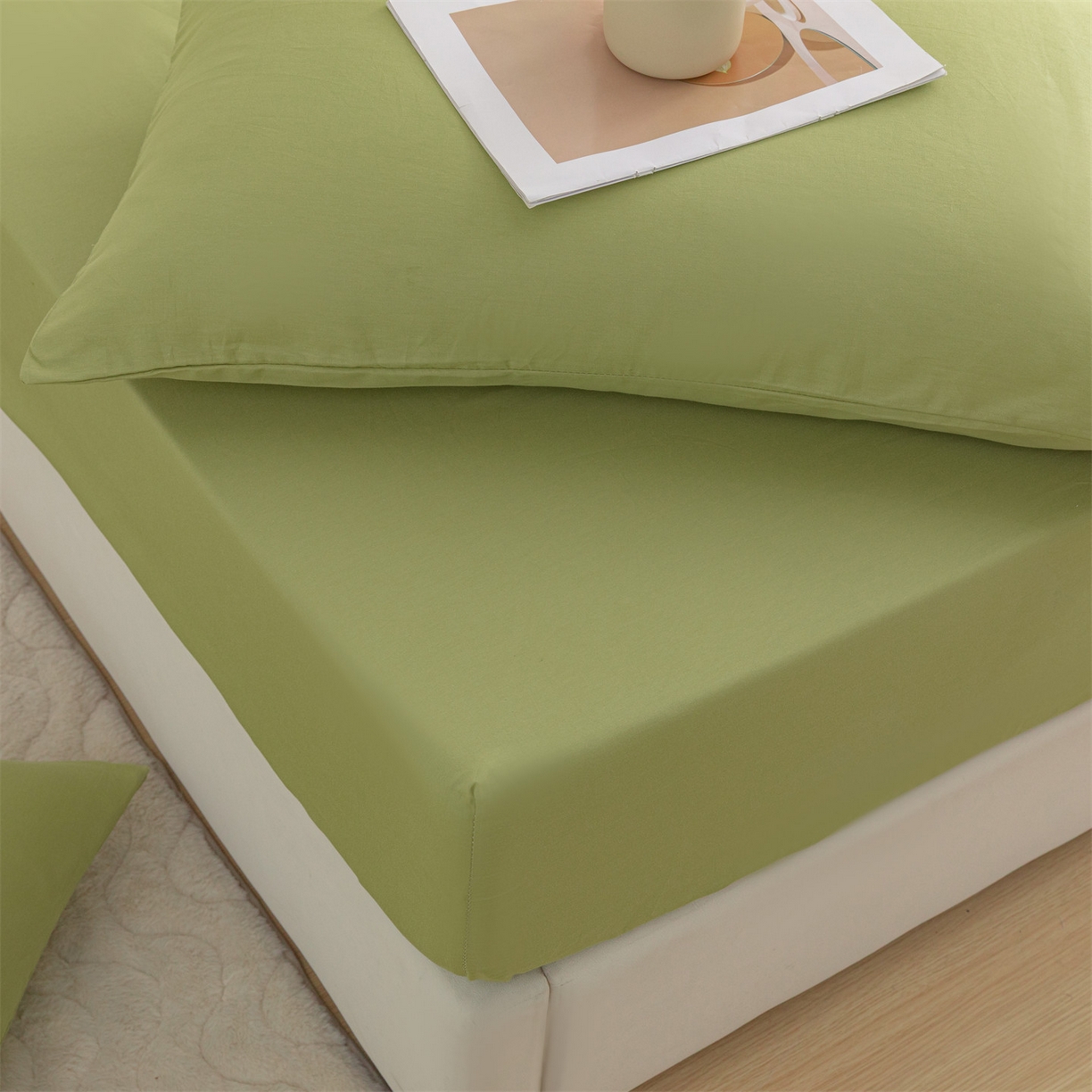 91家纺网 家纺一手货源 找家纺 恒爱家纺 2025新款亲肤舒适全棉纯棉A类单床笠单品床笠单件床笠 牛油果绿