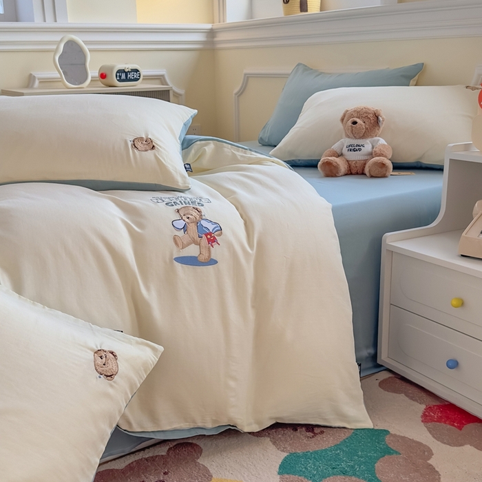 泰迪爱兰Teddy ISLAND 2025新款轻奢全棉双层纱绣花四件套 米黄+孔雀蓝