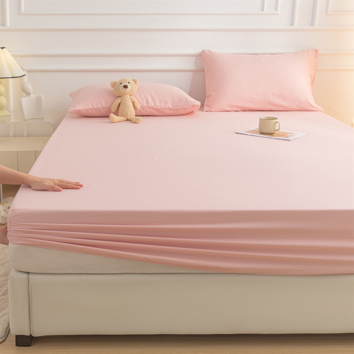 91家纺网 家纺一手货源 找家纺 恒爱家纺 2025新款亲肤舒适全棉纯棉A类单床笠单品床笠单件床笠 水柿粉