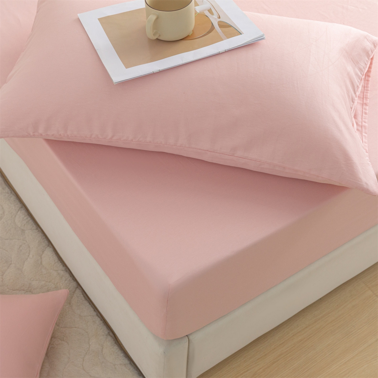 91家纺网 家纺一手货源 找家纺 恒爱家纺 2025新款亲肤舒适全棉纯棉A类单床笠单品床笠单件床笠 水柿粉