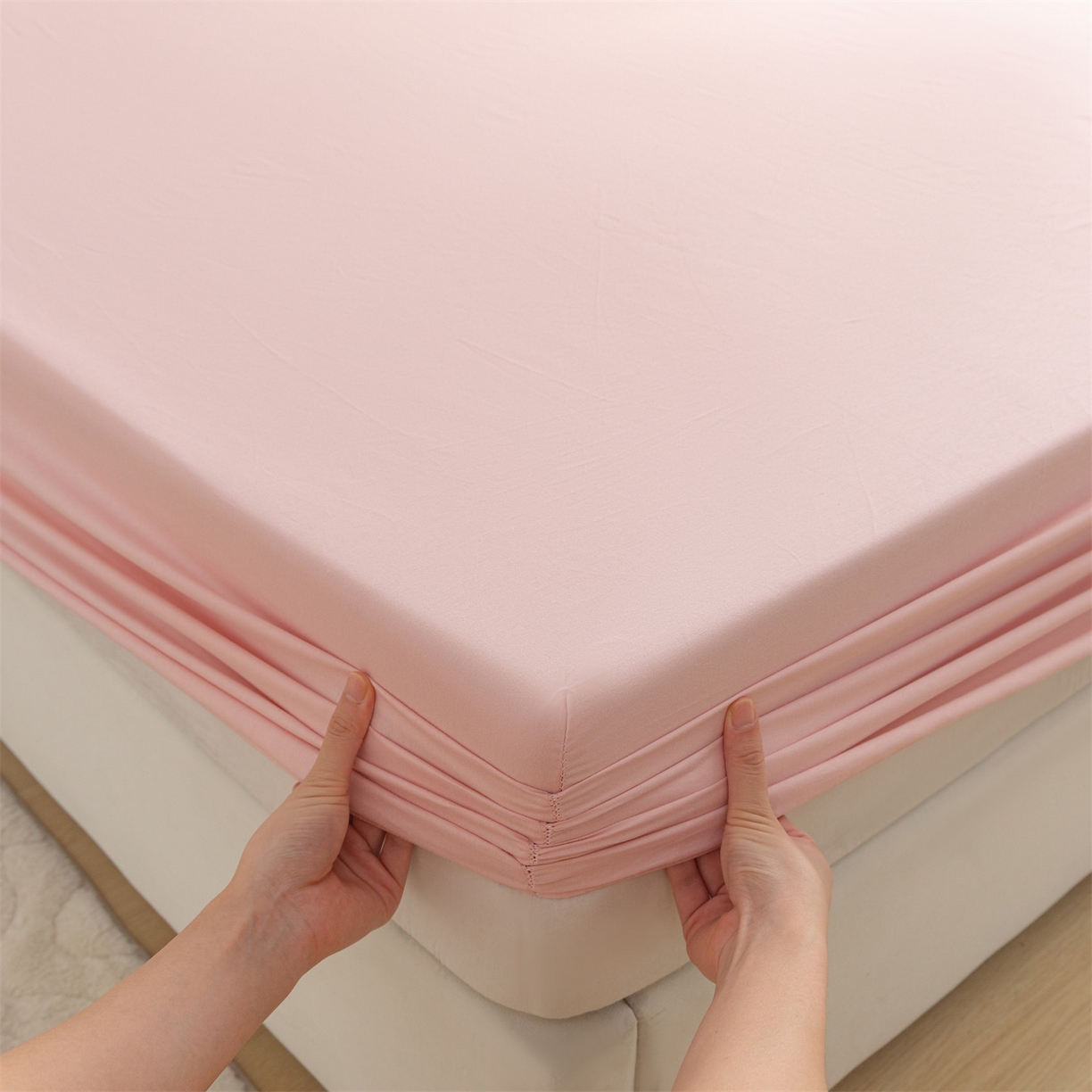 91家纺网 家纺一手货源 找家纺 恒爱家纺 2025新款亲肤舒适全棉纯棉A类单床笠单品床笠单件床笠 水柿粉