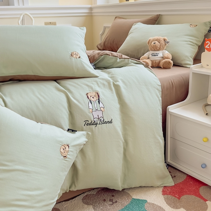 泰迪爱兰Teddy ISLAND 2025新款轻奢全棉双层纱绣花四件套 甘草绿+深咖