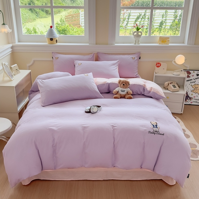 91家纺网 家纺一手货源 找家纺 泰迪爱兰Teddy ISLAND 2025新款轻奢全棉双层纱绣花四件套 风信紫+仙粉